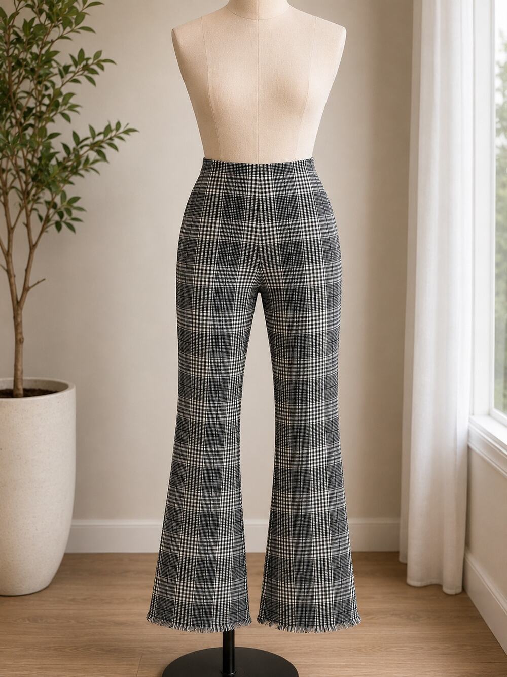 Women's Plaid Flare Pants High Waist Wide Leg